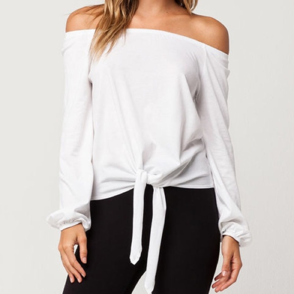 White Off-Shoulder Front Tie Top